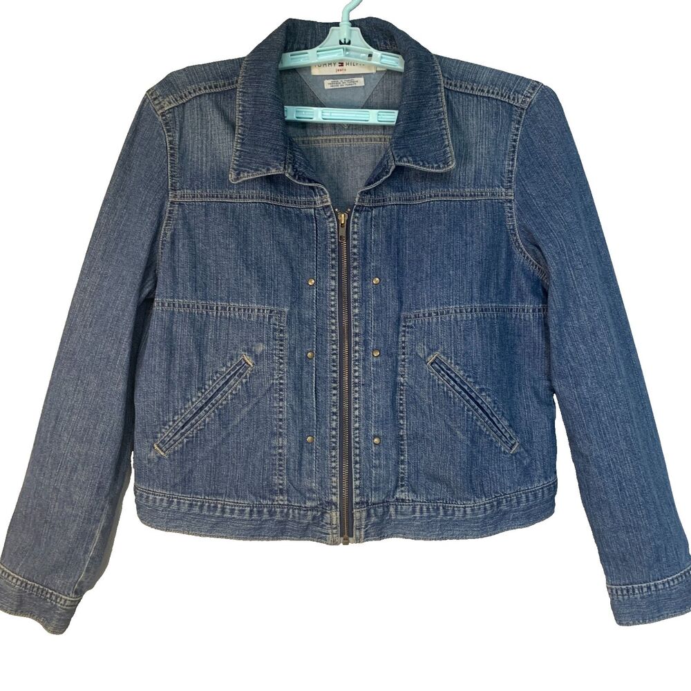 Vintage Tommy Hilfiger Jacket Women's XL Denim Blue Zip Preppy Cotton Trucker